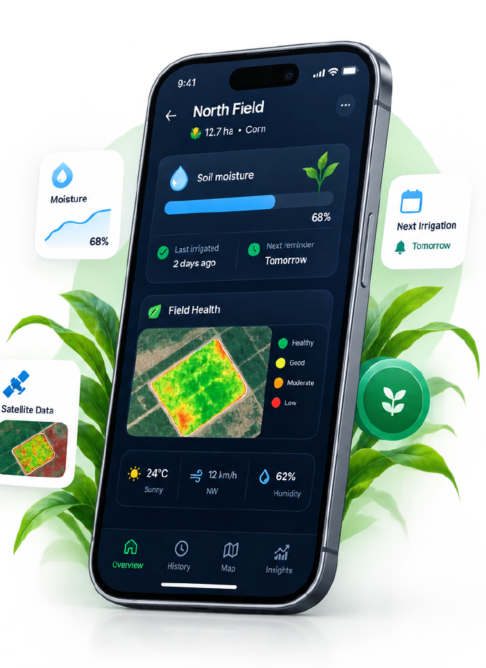 FarmAssistance field detail screen showing soil moisture, satellite field health, and irrigation reminders